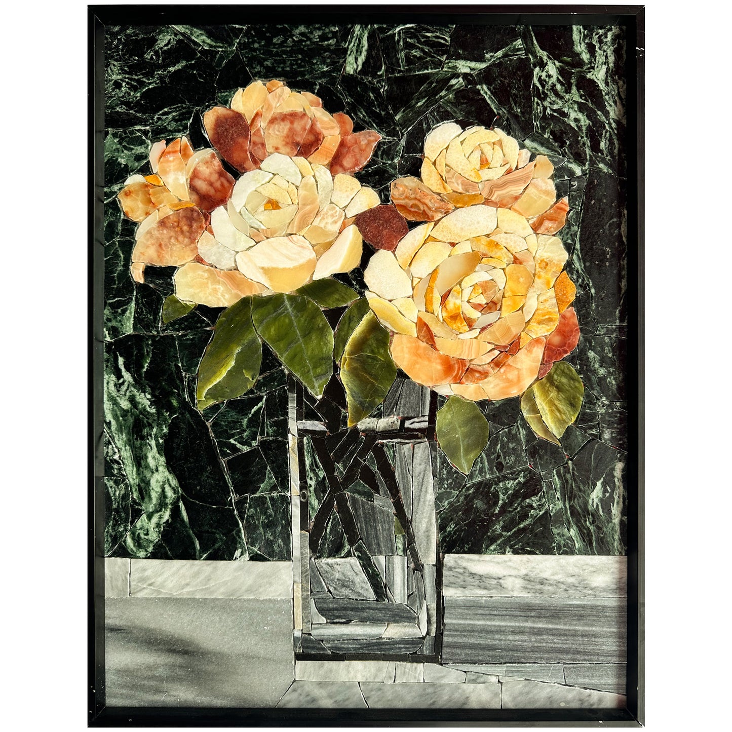 Flowers in Glass Marble&Jade Mosaic with Frame for Wall art