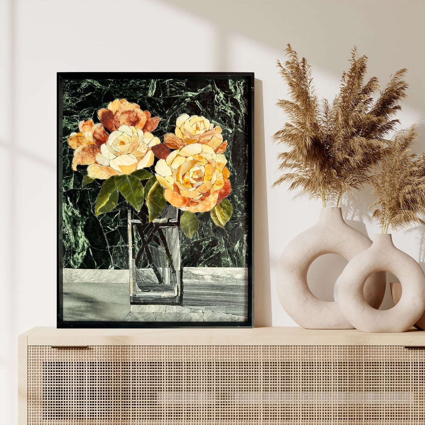 Flowers in Glass Marble&Jade Mosaic with Frame for Wall art