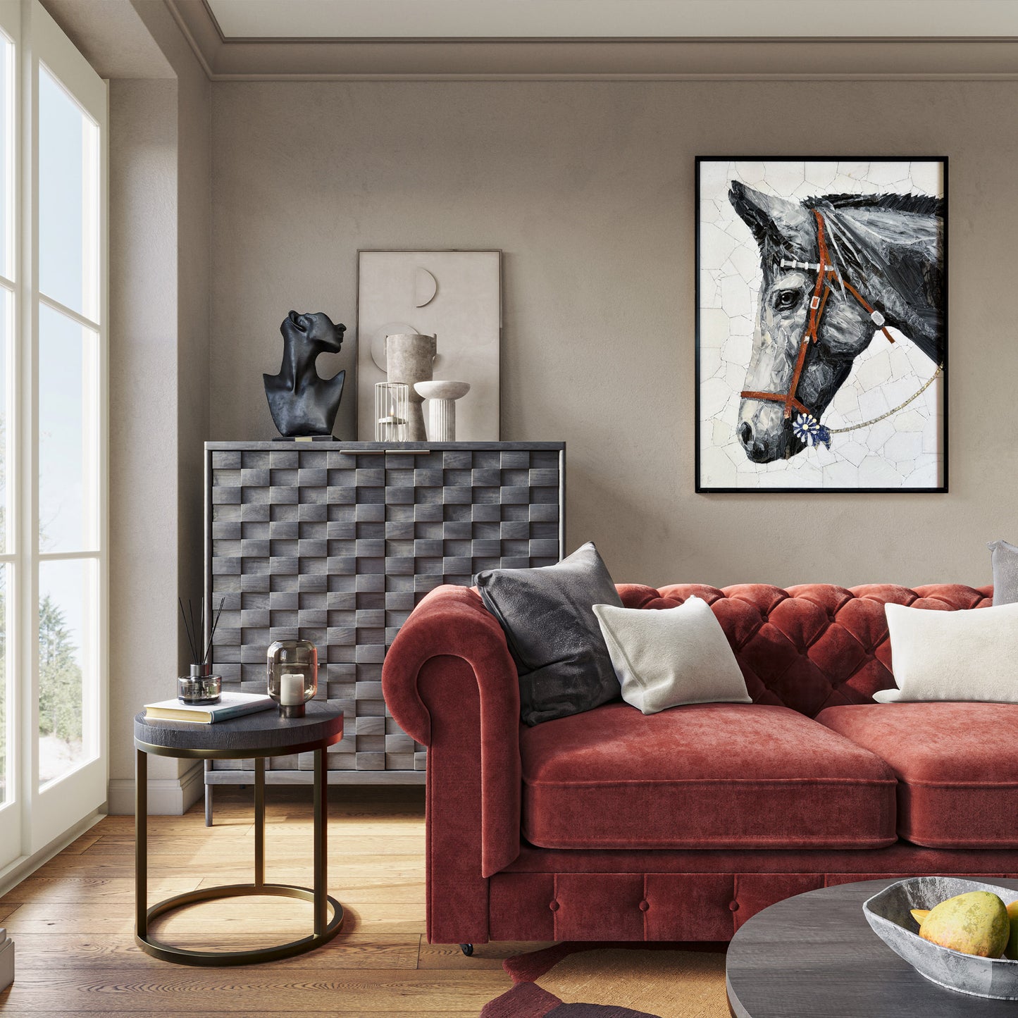 Horse with Flower Marble&Jade Stone Mosaic