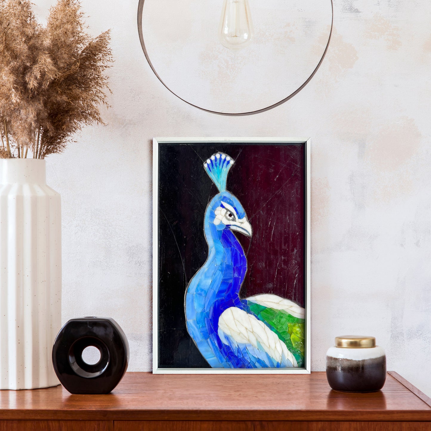 Framed Peacock Mosaic Made of Glass Mosaic