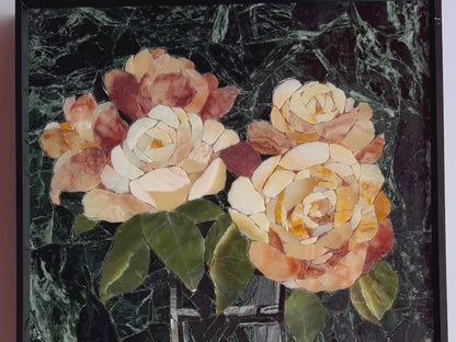 Flowers in Glass Marble&Jade Mosaic with Frame for Wall art