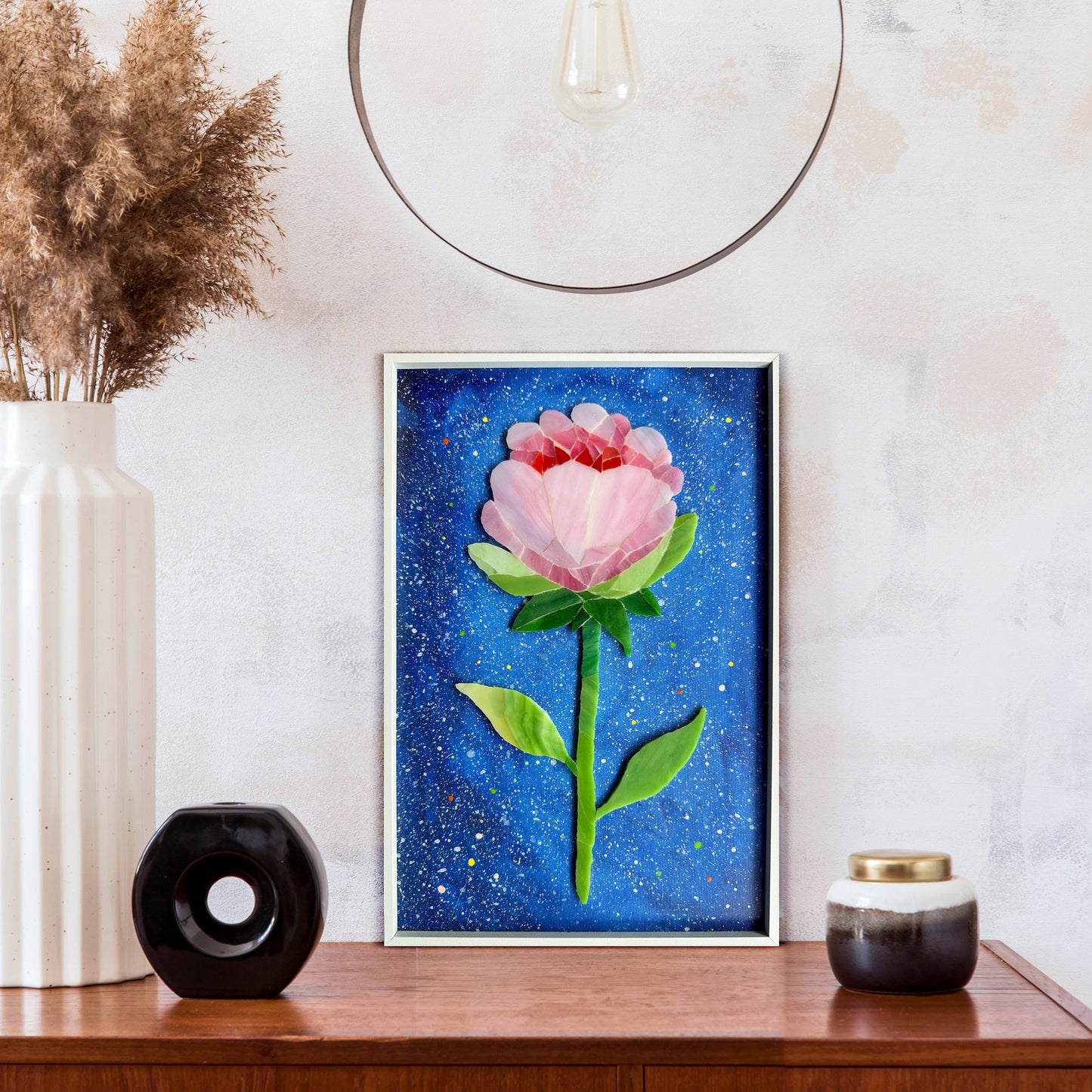 Rose on Dark Blue Sky Glass Arty Mosaic